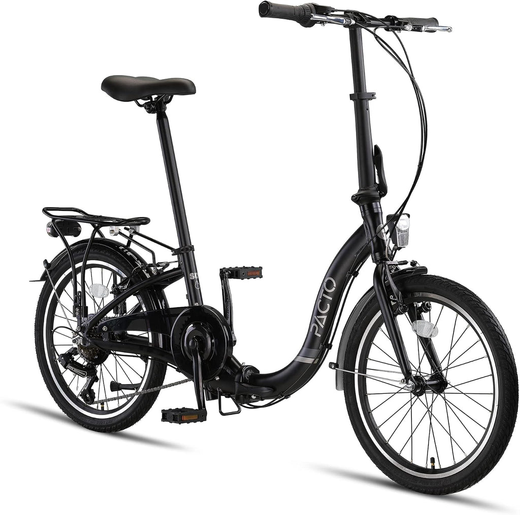 Bicicleta plegable premium PACTO para adultos - Cuadro de aluminio de 27 cm, ruedas de aluminio de 20 pulgadas, 6 velocidades Shimano