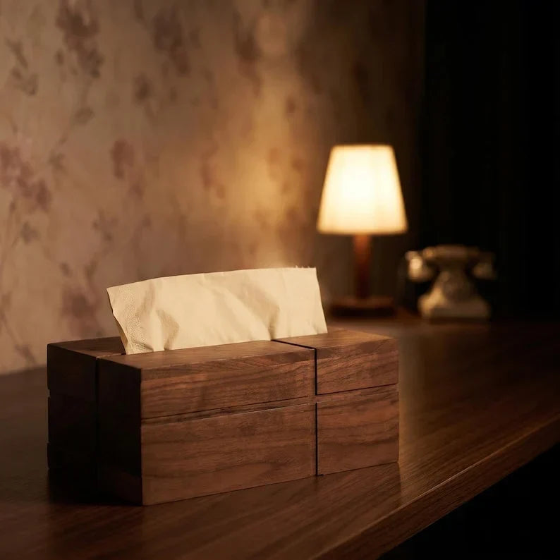 Caja para pañuelos de madera maciza de nogal estilo retro, 20x13x10 cm, decoración de mesa, accesorios para el hogar
