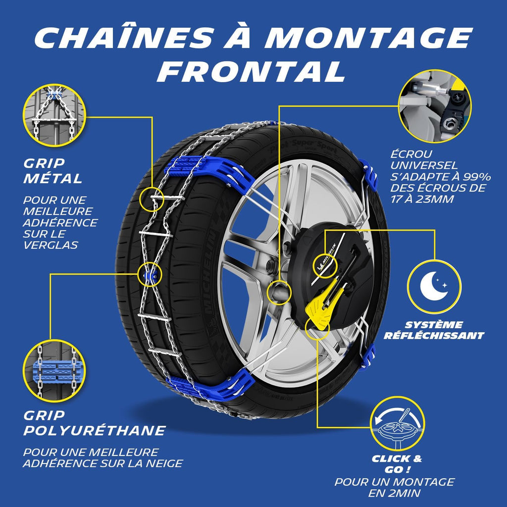 MICHELIN FAST GRIP Cadenas de nieve de montaje frontal n.º 90 - Vehículos no encadenables - Compatibles con sistemas ABS ESP - Tensión automática - Montaje en 2 minutos - Adherencia óptima en nieve y hielo