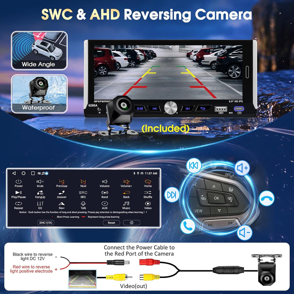 Autoradio Android 15 Motorsi con Apple CarPlay, pantalla táctil IPS de 6.9 pulgadas 1280P, 1 DIN, 4 núcleos, 2+64 GB, Bluetooth, GPS, DSP, Android Auto, WiFi, radio FM/RDS, cámara de reversa AHD y micrófono.