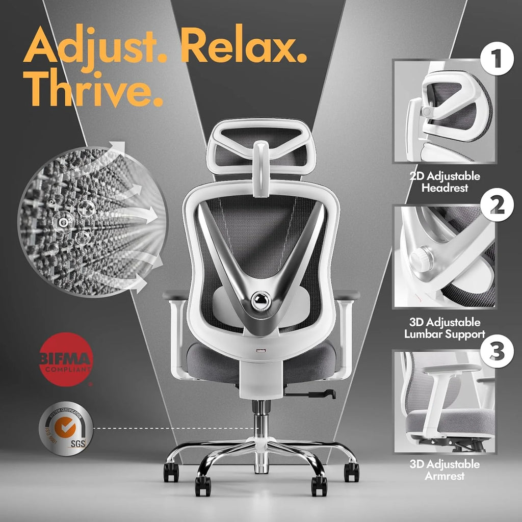 HOLLUDLE Ergonomiczne Krzesło Biurowe z Podparciem Lędźwiowym 3D & Podłokietnikami 3D | V-Kształt Design | Do Biura, Domu, Gamingu | Białe