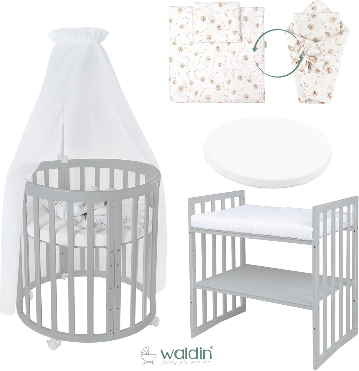 Cuna ovalada evolutiva Waldin, set completo 7 en 1, cuna de barrotes, cama infantil con colchón, cambiador, cuna colecho, madera blanca