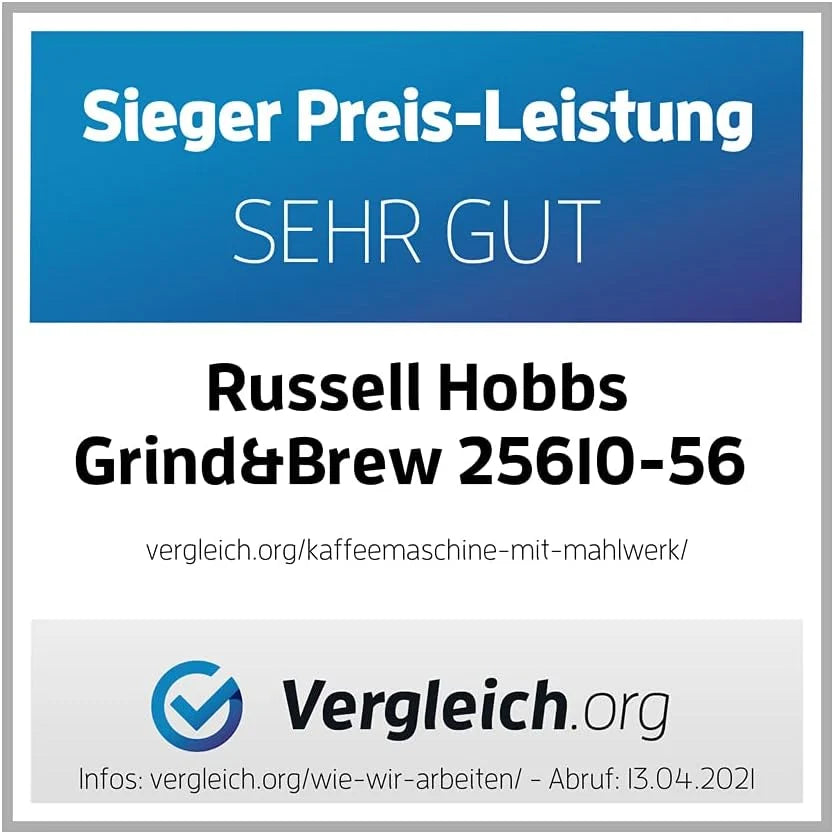 Russell Hobbs ekspres do kawy, wbudowany młynek, regulacja mocy zaparzenia kawy, programowalny timer, podtrzymywanie temperatury, pojemność 1,25l, moc 1000W, srebrny, Grind&Brew 25610-56
