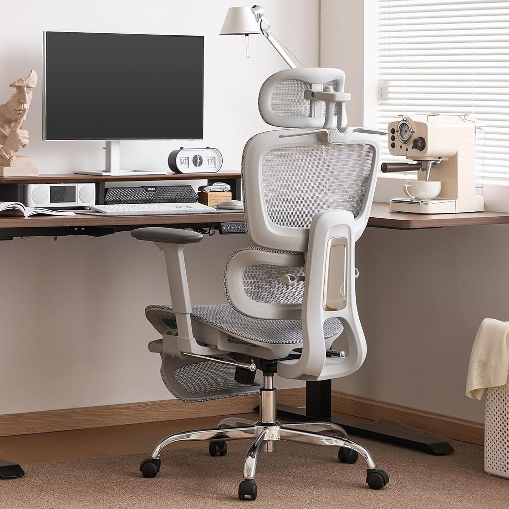 LarkLeaves Ergonomiczny Fotel Biurowy z Podnóżkiem Szary L10 Lite