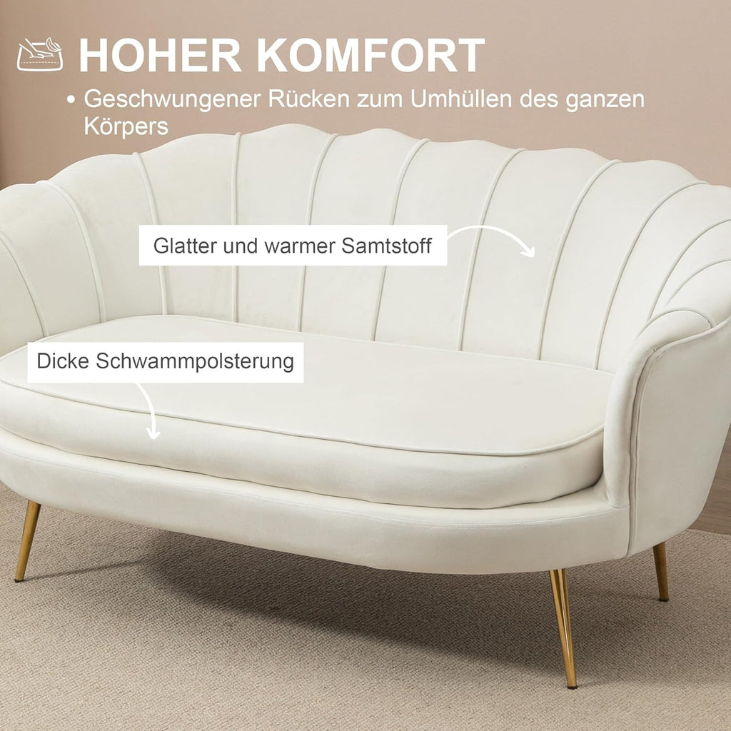 Sofá de 2 plazas HOMCOM con reposabrazos, respaldo en forma de pétalo, acolchado grueso, sofá tapizado moderno con aspecto de terciopelo y patas de metal para salón, 130 x 77 x 77 cm, blanco crema
