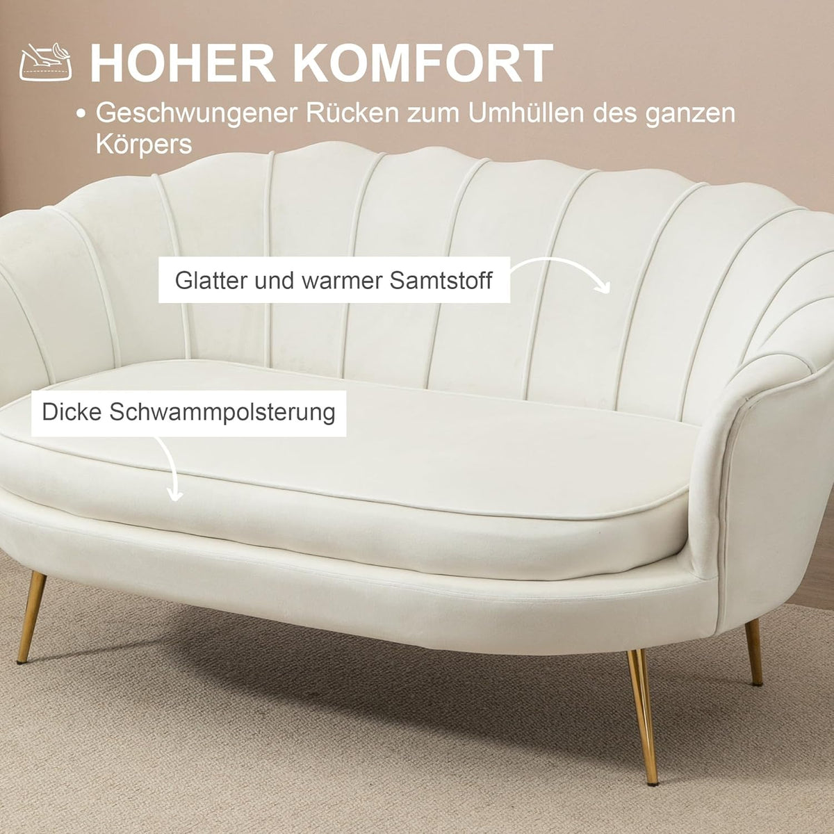 Sofá de 2 plazas HOMCOM con reposabrazos, respaldo en forma de pétalo, acolchado grueso, sofá tapizado moderno con aspecto de terciopelo y patas de metal para salón, 130 x 77 x 77 cm, blanco crema