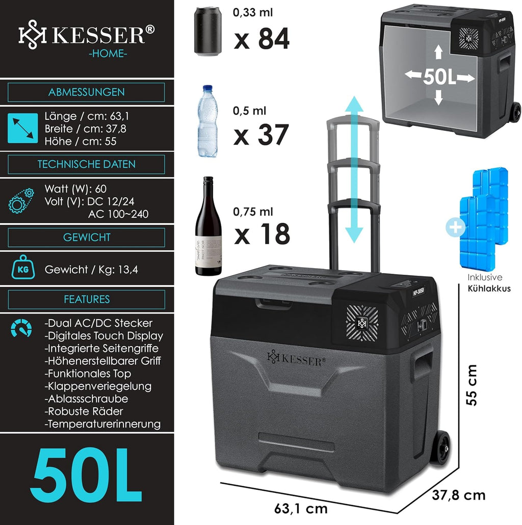 KESSER® Nevera de compresor eléctrica para coche de 50L, nevera de camping 12/24/230V con control por APP, congelador hasta –20 °C, nevera con ruedas y asa telescópica para camping, autocaravana, camión y barco + 2 acumuladores de frío