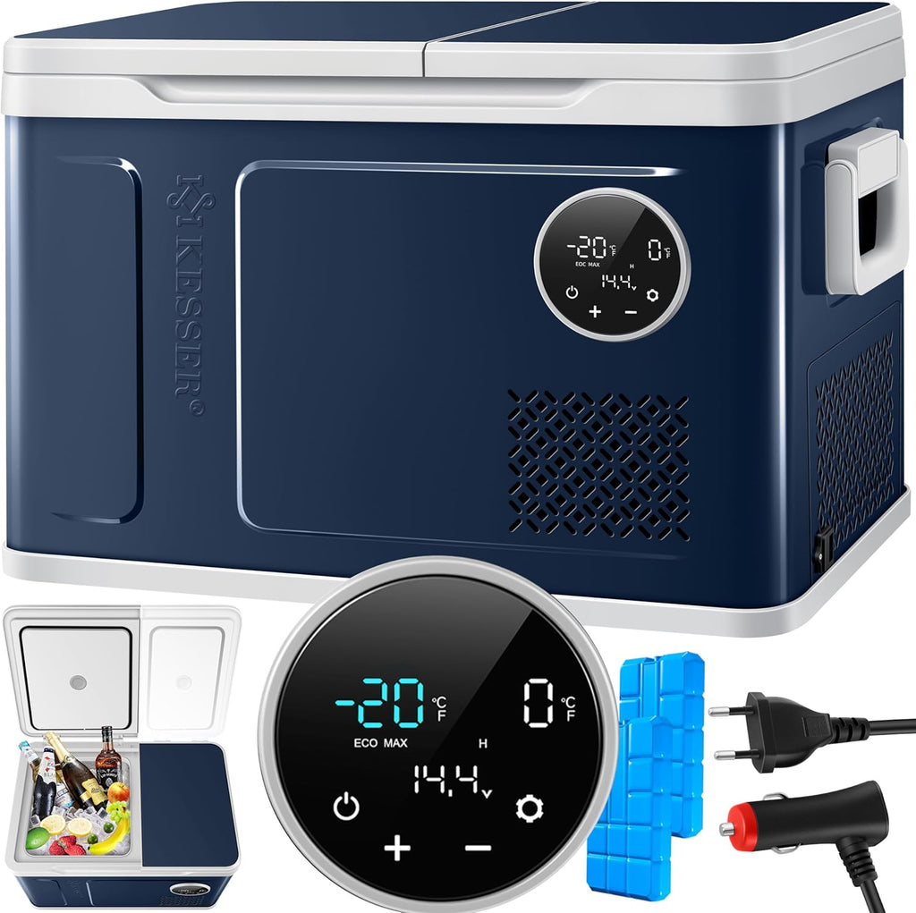 Nevera portátil con compresor KESSER 2 en 1 de doble zona, refrigeración y congelador eléctrico con 2 acumuladores de frío y panel táctil LED | Refrigerador con enfriamiento hasta -20 °C para camping, coche, camión 12/24V 230V