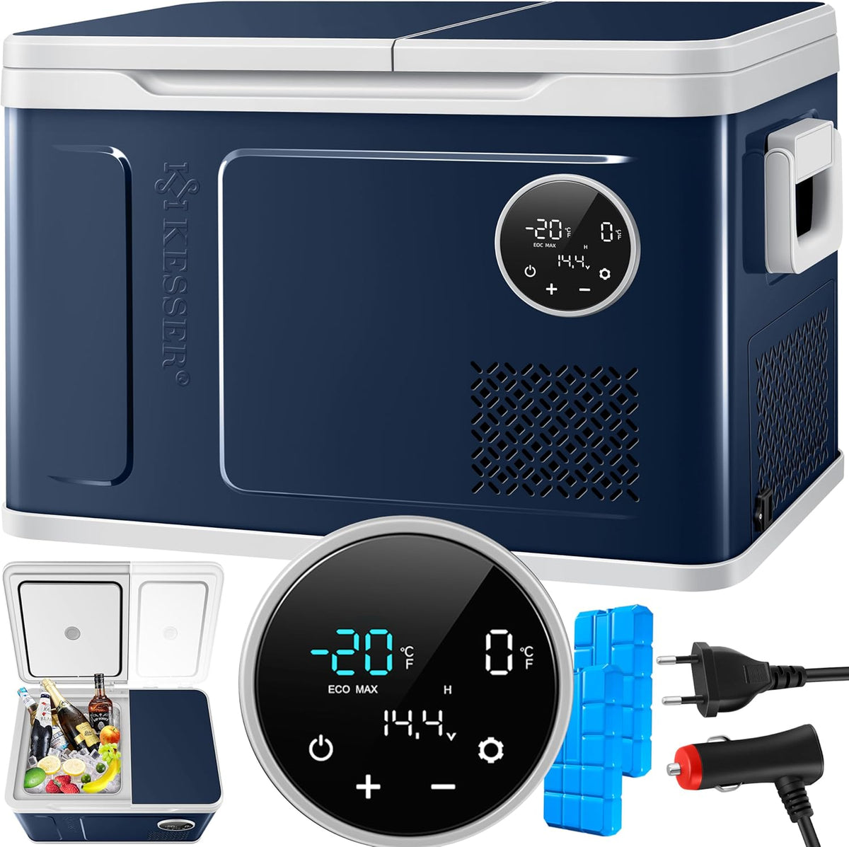 Nevera portátil con compresor KESSER 2 en 1 de doble zona, refrigeración y congelador eléctrico con 2 acumuladores de frío y panel táctil LED | Refrigerador con enfriamiento hasta -20 °C para camping, coche, camión 12/24V 230V