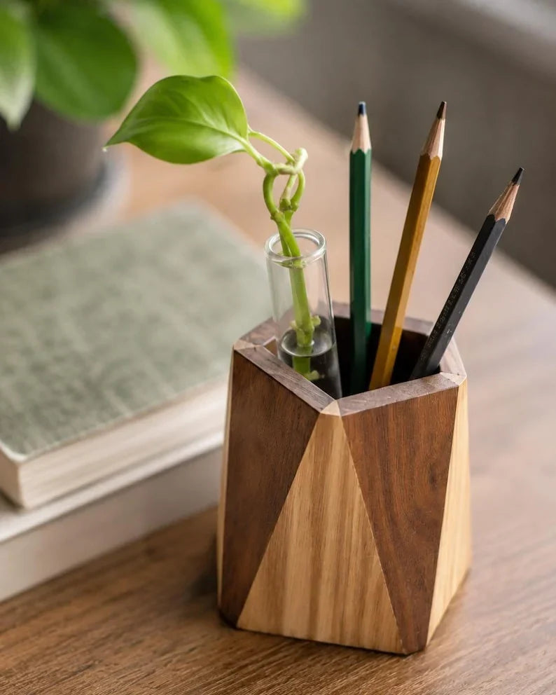 Portalápices geométrico de madera de nogal, organizador de escritorio abierto para artículos de papelería