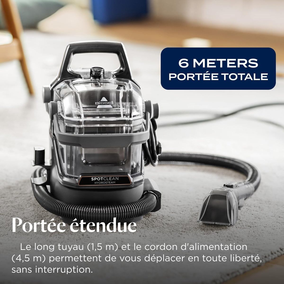 BISSELL SpotClean HydroSteam, Limpiador de tapicerías, Motor potente de 1000 W, Limpiador a vapor con tecnología HydroSteam, Limpiador para alfombras, moquetas, muebles, telas, coche y más, 3689N