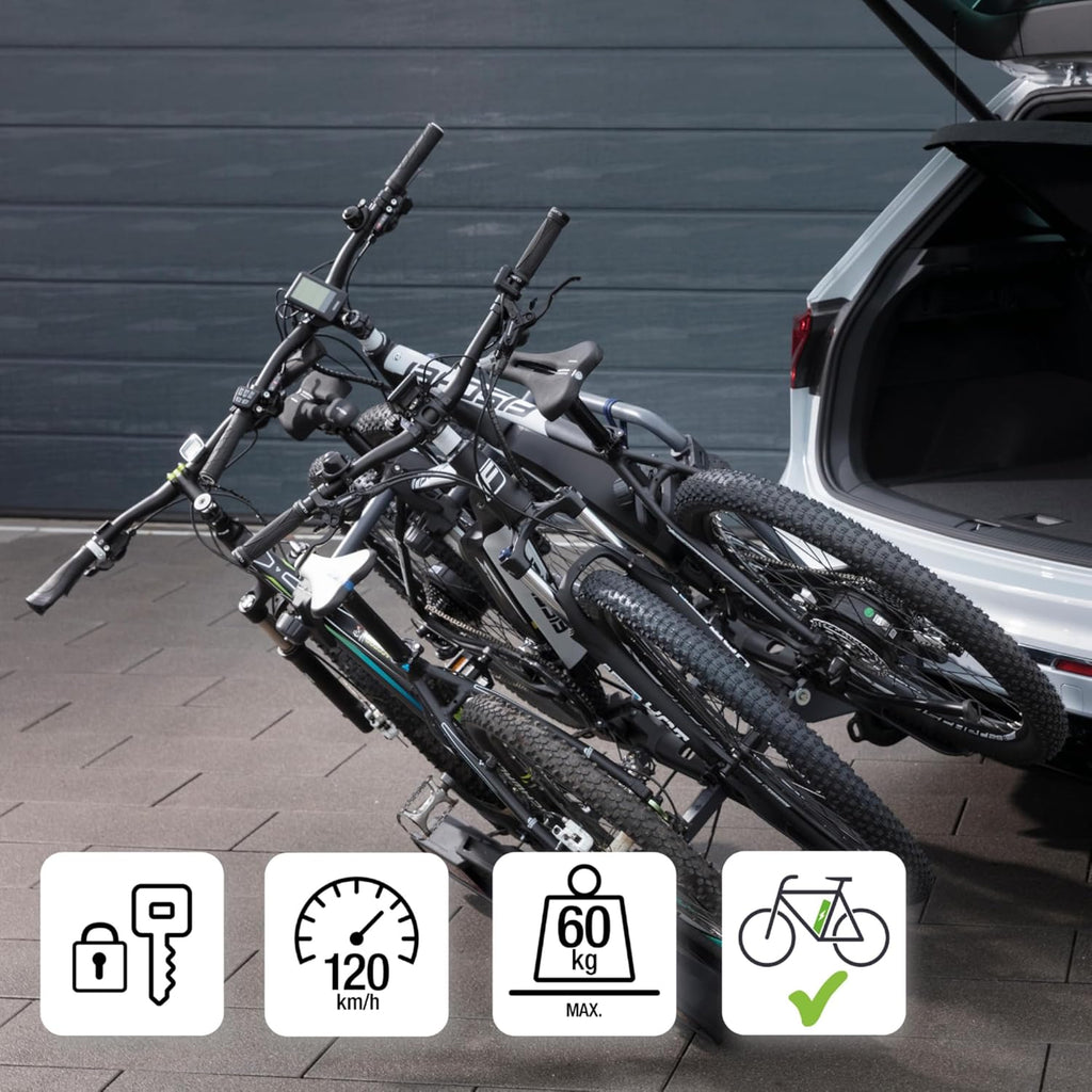 Portabicicletas de enganche Fischer ProlineEvo 2, para 2 bicicletas hasta 60 kg de carga útil, apto para bicicletas eléctricas, premontado, bloqueable, plegable
