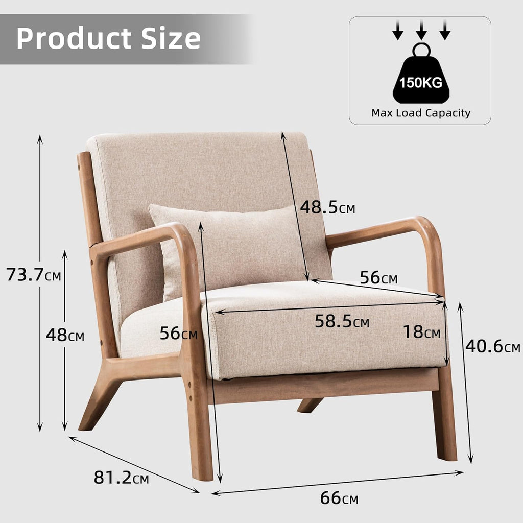 Sillón decorativo EBELLO con cojín, sillón tapizado moderno de mediados de siglo para sala de estar, sillón orejero con estructura de madera y apoyabrazos, sillón de lectura con capacidad de carga de hasta 150 kg, beige
