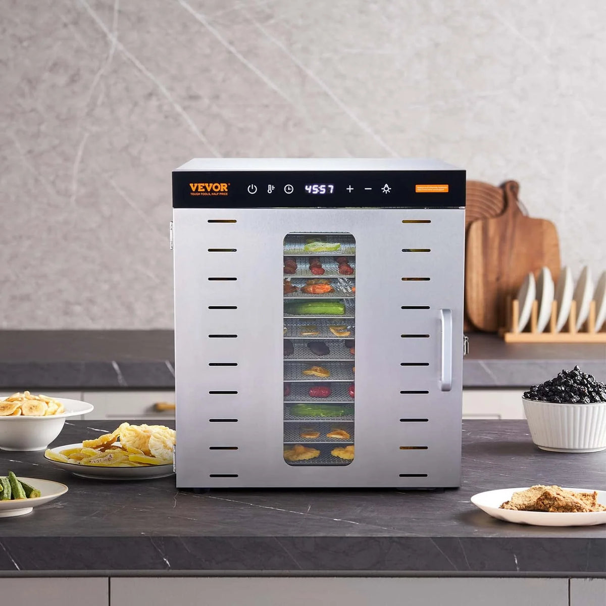 VEVOR Maszyna do odwadniania żywności 10 tacek ze stali nierdzewnej 1000 W Elektryczny odwadniacz owoców i warzyw Regulowana temperatura 30-90 °C Timer 0,5-48 h do ziół, mięsa