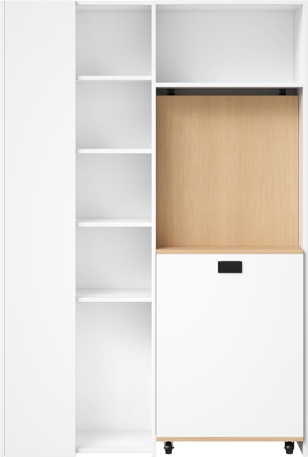 Escritorio plegable 2 en 1 Merax con estantes, toma de corriente y USB, protección antivuelco, escritorio esquinero izquierdo – Oficina en casa, apartamento de estudiantes, ahorro de espacio, funcional, estantería y puesto de trabajo, blanco