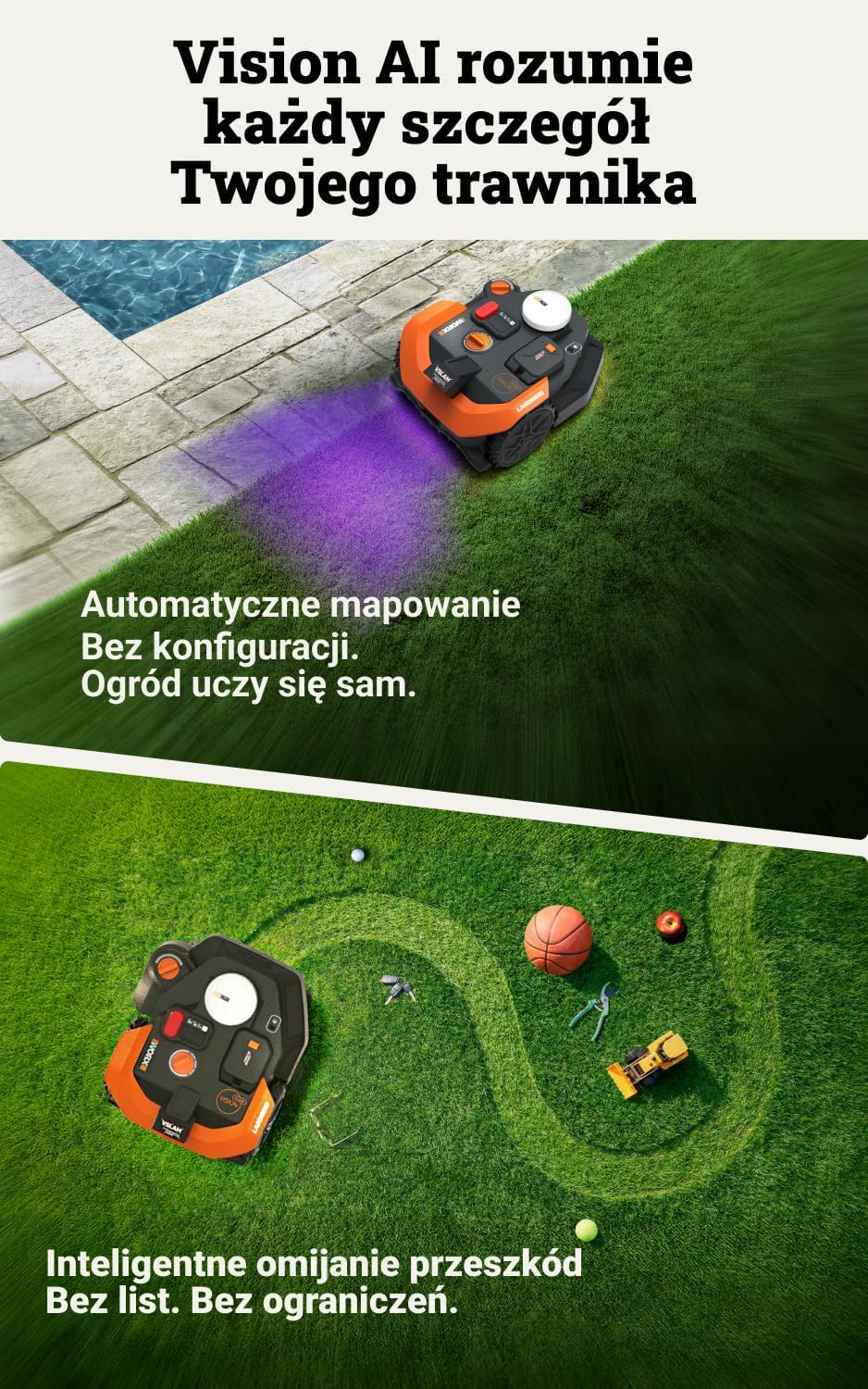 WORX Landroid Vision Cloud WR308E 2WD robot koszący bez kabla ograniczającego do 800 m² (wykrywanie przeszkód AI, nawigacja VSLAM+RTK Cloud, automatyczne mapowanie, aplikacja, Cut-to-zero)