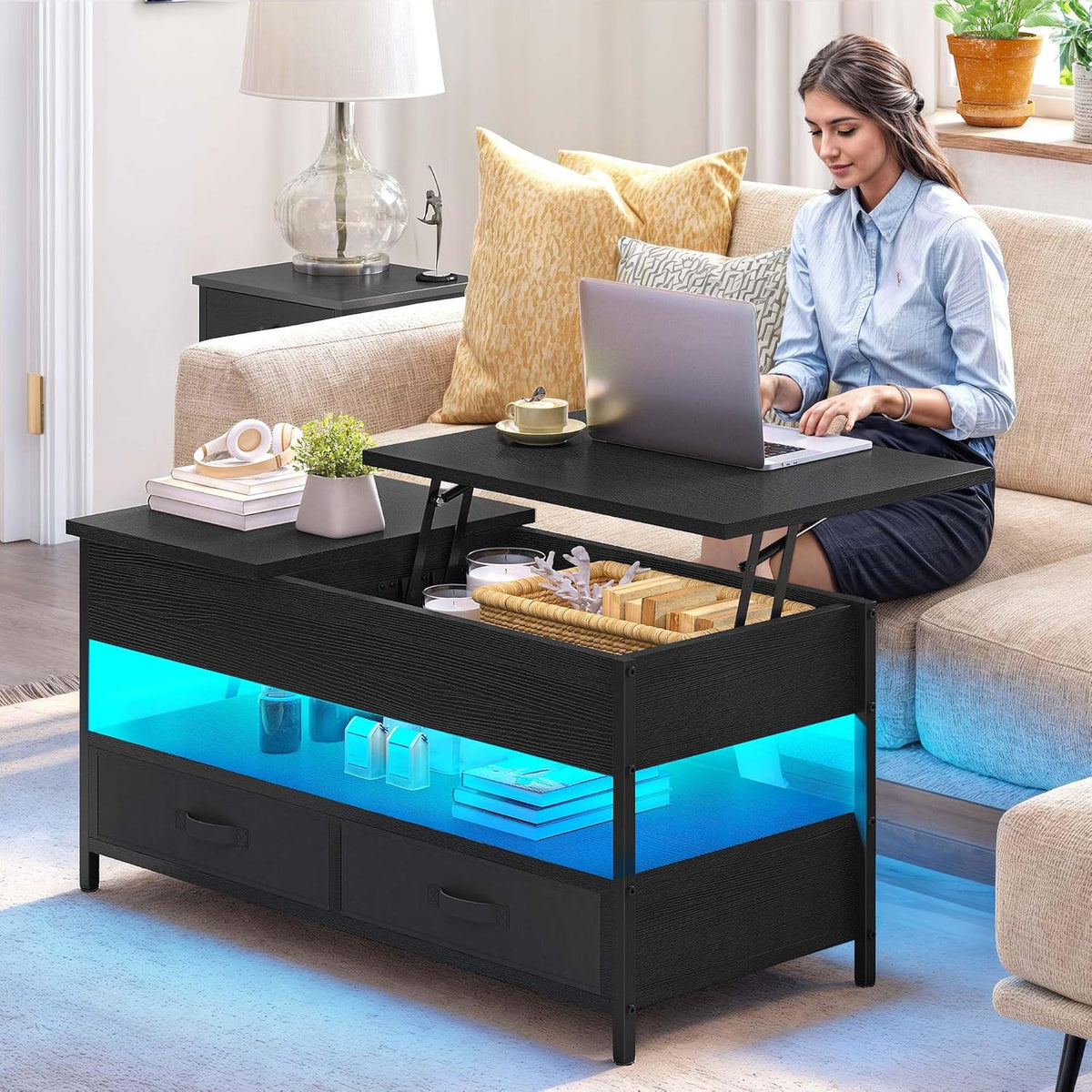 Mesa de centro elevable YITAHOME, mesa de salón con compartimento de almacenamiento oculto para sala de estar u oficina, mesa de centro con almacenamiento, 2 cajones y tira de luz LED, 106 x 50 x 51,5 cm