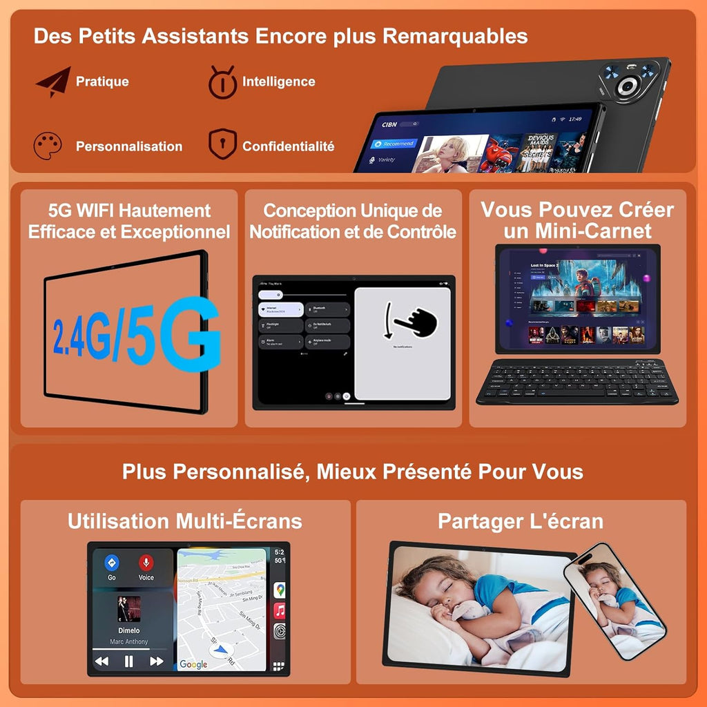 Tableta Android 15 de 2025, 10 pulgadas, pantalla IPS HD, [30 GB RAM] 128 GB + TF 1 TB - Octa-Core, 8000 mAh, cuerpo de metal integrado, 5 MP + 8 MP, WiFi 6, reconocimiento facial, Widevine L1 - Tableta con teclado y ratón - Negro