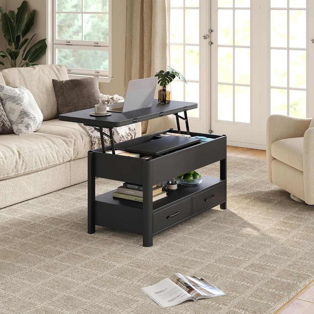 Mesa de centro elevable Furnihold con cajones y compartimento secreto, mesa de salón convertible en mesa de comedor, negro