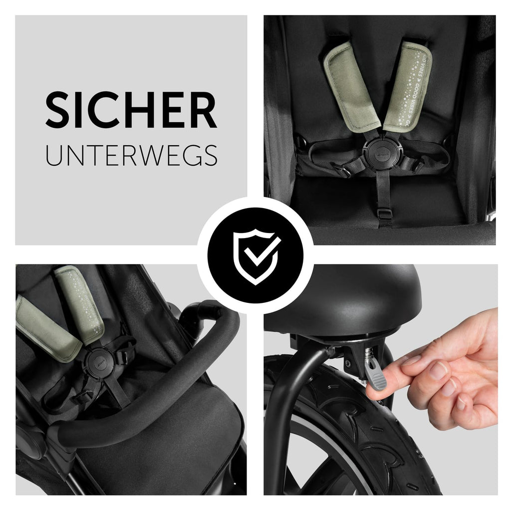 Cochecito hauck Runner 2, silla de paseo de tres ruedas con ruedas neumáticas XL para niños de hasta 22 kg, protección UV 50+, ventana de ventilación, altura ajustable, plegable, cesta XL de hasta 3 kg, función de reclinado (negro)