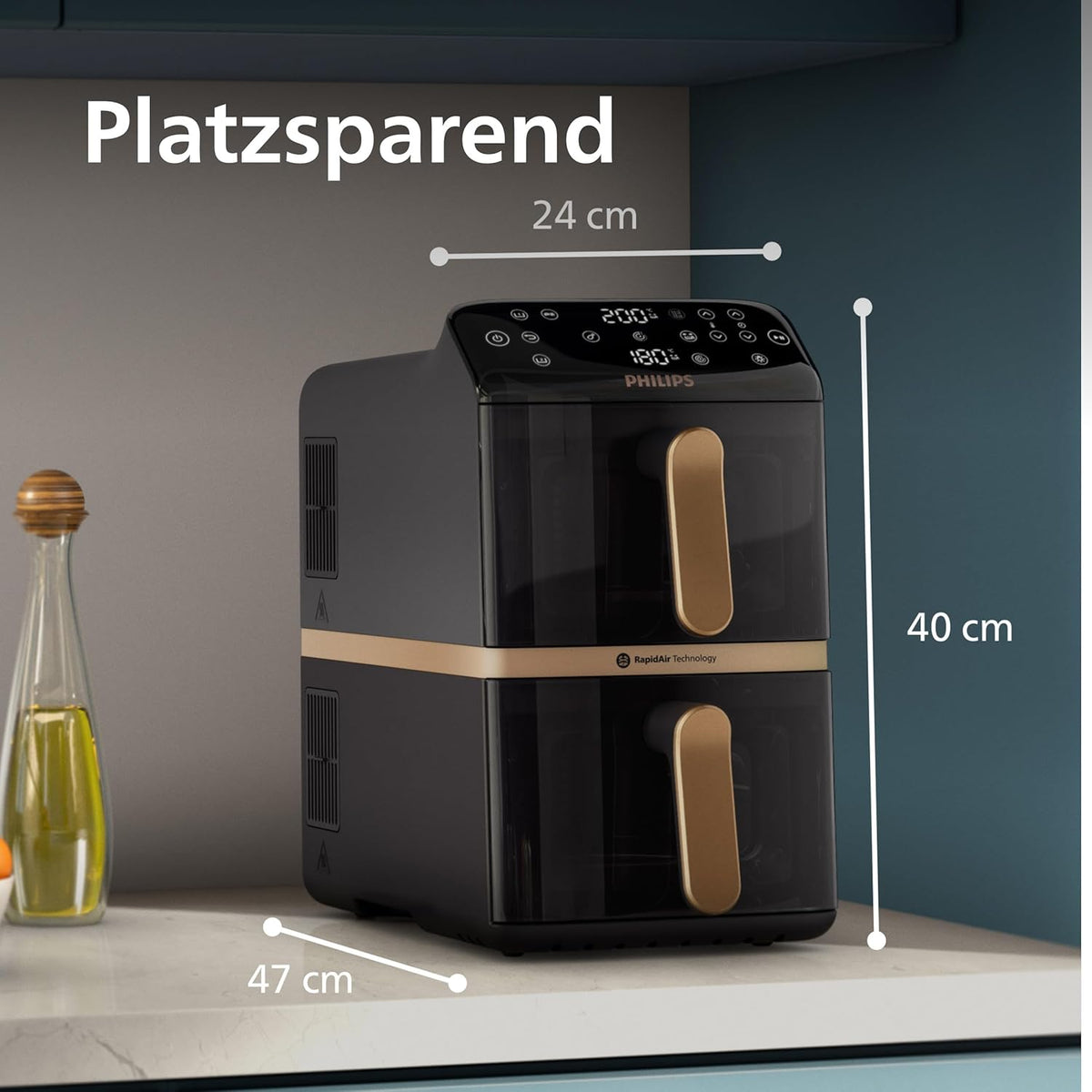 Philips Airfryer Serie 4000 de doble cesta apilada, freidora de aire con 2 cestas apiladas, 10 l, tecnología RapidAir, 45 % menos de espacio, revestimiento cerámico sin PFAS, ventana de visualización (NA462/70)