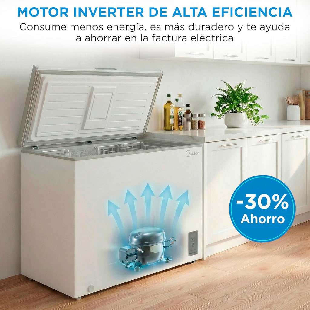 Congelador horizontal pequeño MIDEA de 418 L | Congelador arcón convertible a frigorífico con motor inverter, control electrónico de temperatura, cestas con asa | Arcón silencioso de 41 dB y bajo consumo