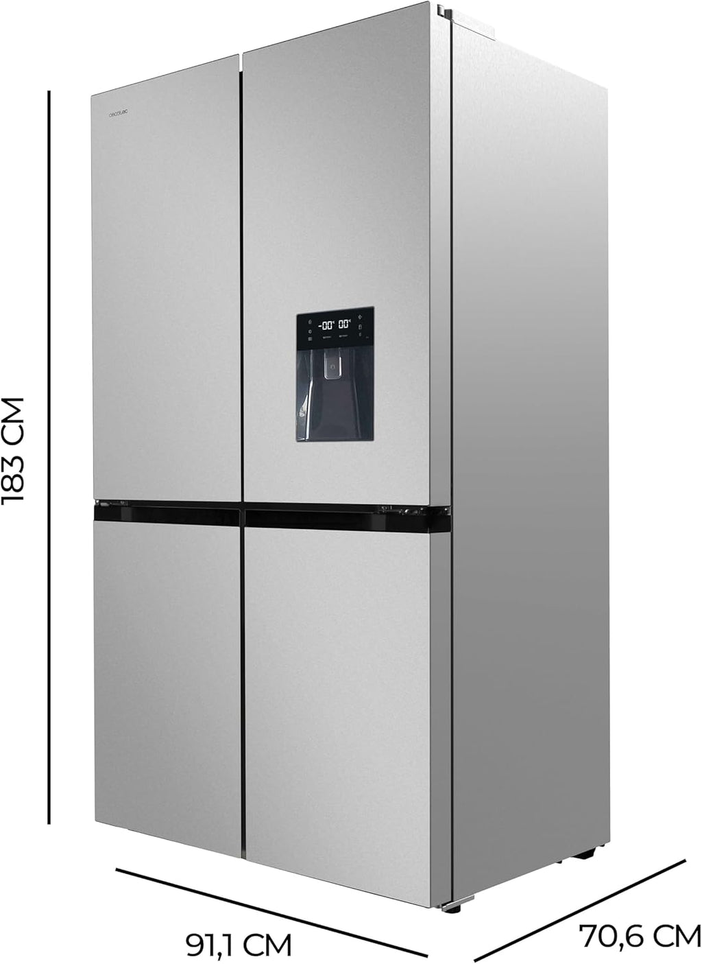 Frigorífico americano Cecotec 4 puertas acero inoxidable 564 L Bolero CoolMarket 4D 564 Inox E. 183 cm de alto, 91 cm de ancho, dispensador de agua, bajo consumo, motor Inverter Plus, Total NoFrost