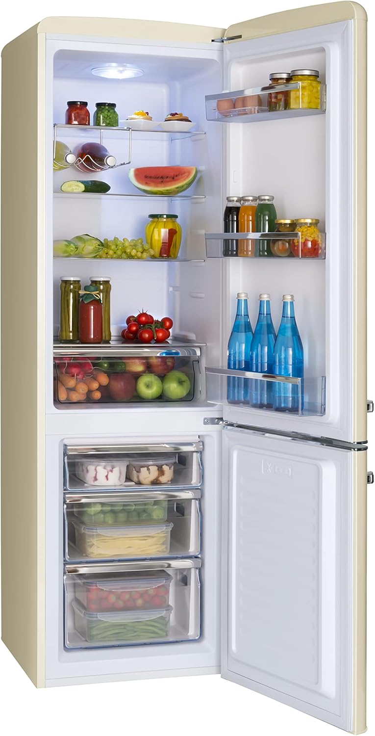 Frigorífico combi retro Amica 244 L 181 x 55 x 61,5 cm KGCR 387 101 B | 181 L frigorífico 63 L congelador, iluminación LED, descongelación automática, cristal de seguridad, botellero cromado, funcionamiento silencioso