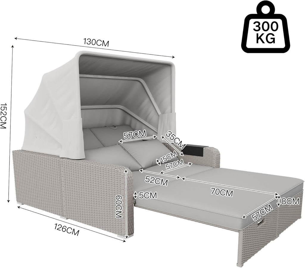 Sofá lounge de poliratán, sofá de jardín de dos plazas con función reclinable, tumbona de jardín con toldo extraíble, sofá lounge tipo cama de día con cojines, caqui