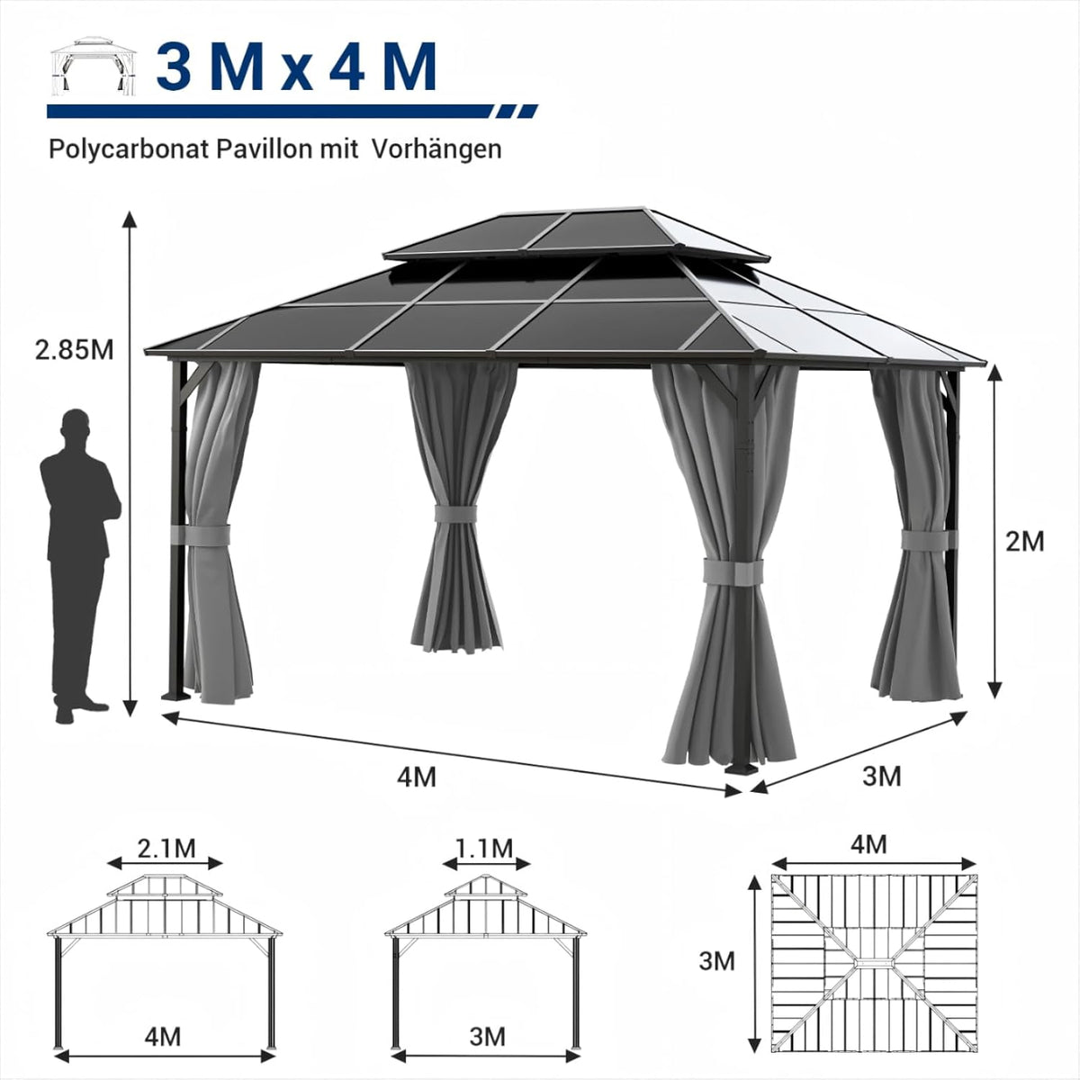 UDPATIO Gazebo de 3x4 m de policarbonato con doble techo y cortinas, aleaciones resistentes a la intemperie - Cenador de jardín impermeable, estable, resistente al invierno, con protección UV, postes de 6x6 cm de grosor para jardín, terraza, gris