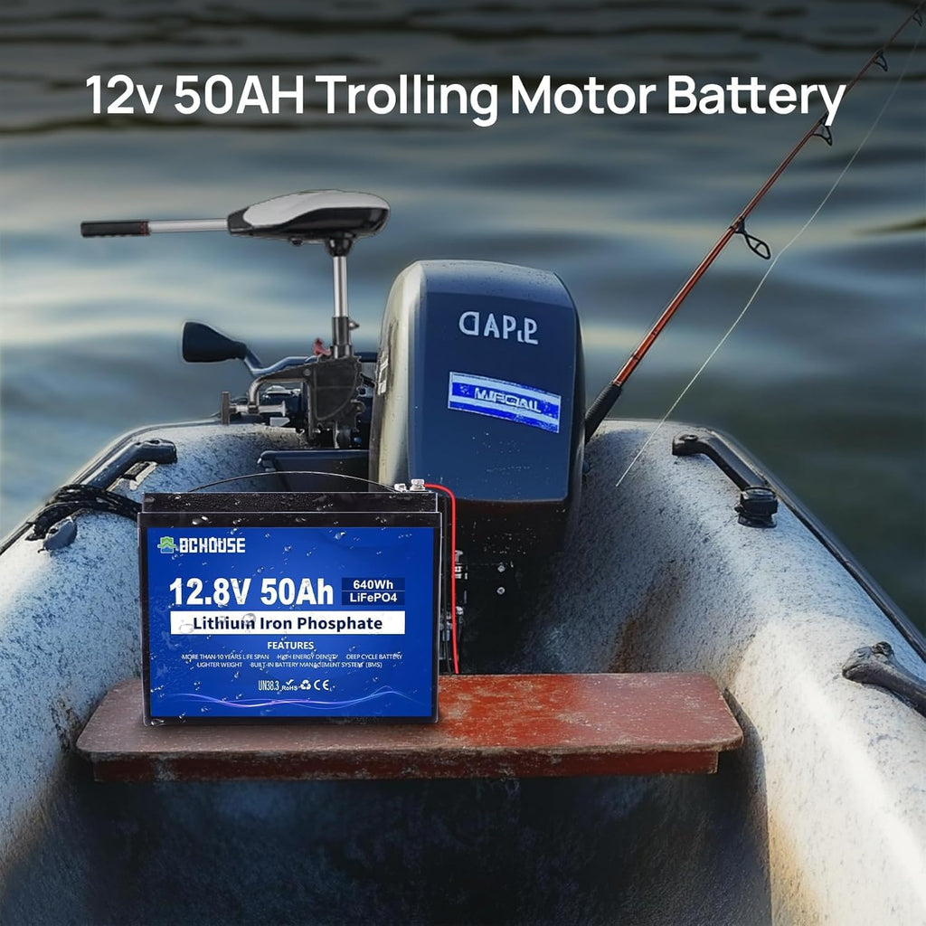 Batería de litio LiFePO4 DCHOUSE 12V 50Ah, BMS integrado, vida útil de 10 años, más de 4000 ciclos, perfecta para barcos, aplicaciones marinas, motores de arrastre, camping, energía solar/eólica