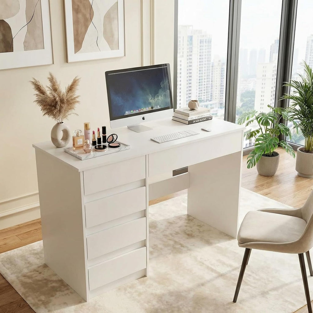 Escritorio VOWNER con 5 cajones, escritorio para computadora con almacenamiento, mesa de PC para habitación juvenil o dormitorio | Mesa de trabajo, 110x50x75 cm (blanco)