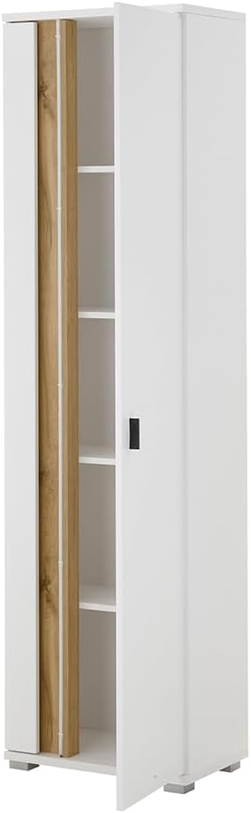Set de mueble de salón Lomadox de 4 piezas, muebles de sala en blanco y roble, estilo moderno, incluye 1 vitrina, 1 armario alto, 1 mueble bajo, 1 estante de pared e iluminación LED.