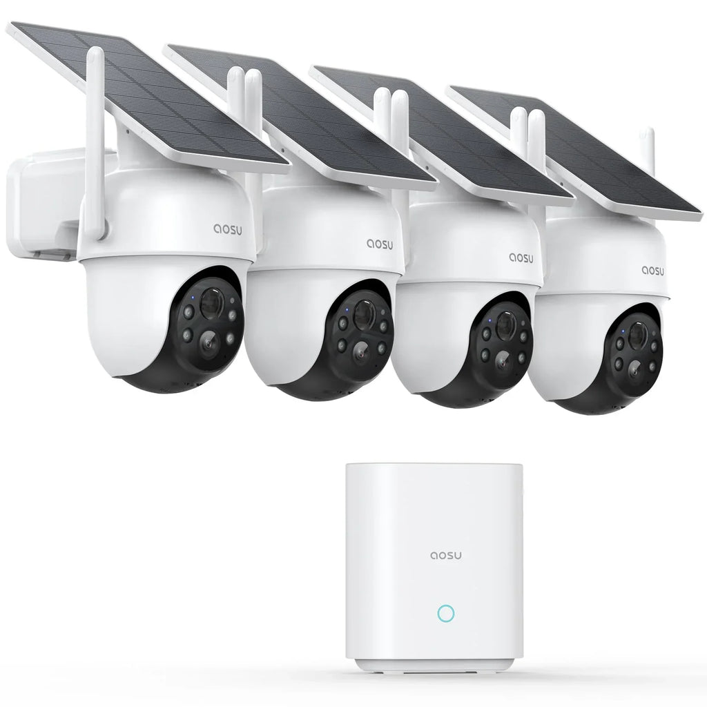 Cámara de seguridad exterior solar aosu D1 2K, 32 GB sin suscripción, PTZ 360°, sistema de 4 cámaras, visión nocturna a color, audio bidireccional, Wi-Fi 2,4/5 GHz