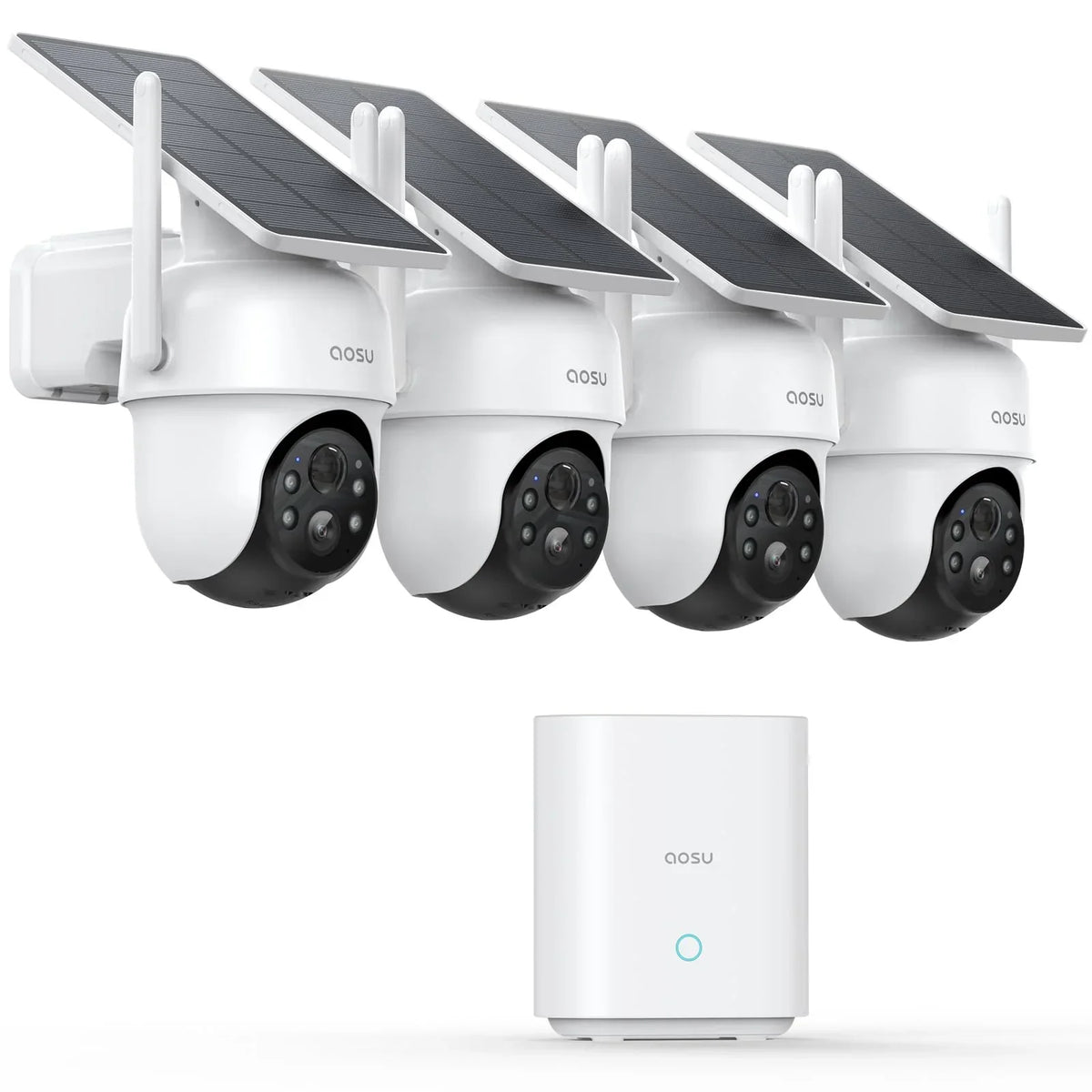 Cámara de seguridad exterior solar aosu D1 2K, 32 GB sin suscripción, PTZ 360°, sistema de 4 cámaras, visión nocturna a color, audio bidireccional, Wi-Fi 2,4/5 GHz