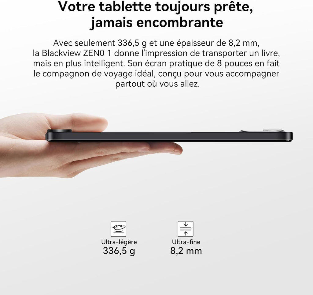 Tableta Blackview ZENO 1 de 8 pulgadas, Android 15, 90Hz, 800x1280 - Ultraligera y compacta para juegos, chip IA de 8 núcleos T615, 18GB RAM + 256GB ROM (2TB TF) / 4G LTE + WiFi 5G / Reconocimiento facial / 6000mAh / 8MP + 8MP / Widevine L1 / BT5.2 / GMS