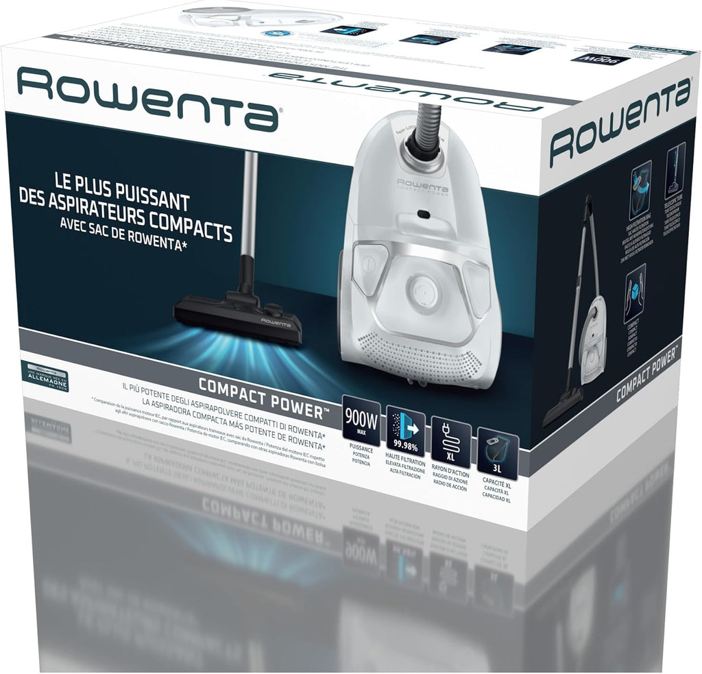 Aspirateur sans sac Rowenta Compact Power XXL Animal, Moteur basse consommation 900W max, Haute filtration, Bac à poussière 2,5L, Compact, RO4B50EA, Gris