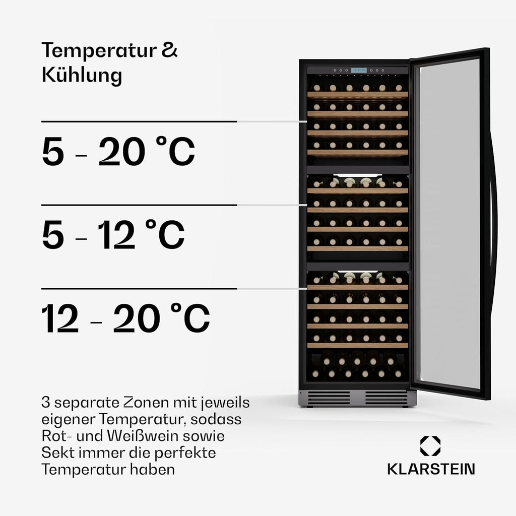 Vinoteca Klarstein Vinovilla Trio – 144 botellas, 3 zonas, 5–20°C, iluminación LED, protección UV, de libre instalación, armario climatizado para vinos