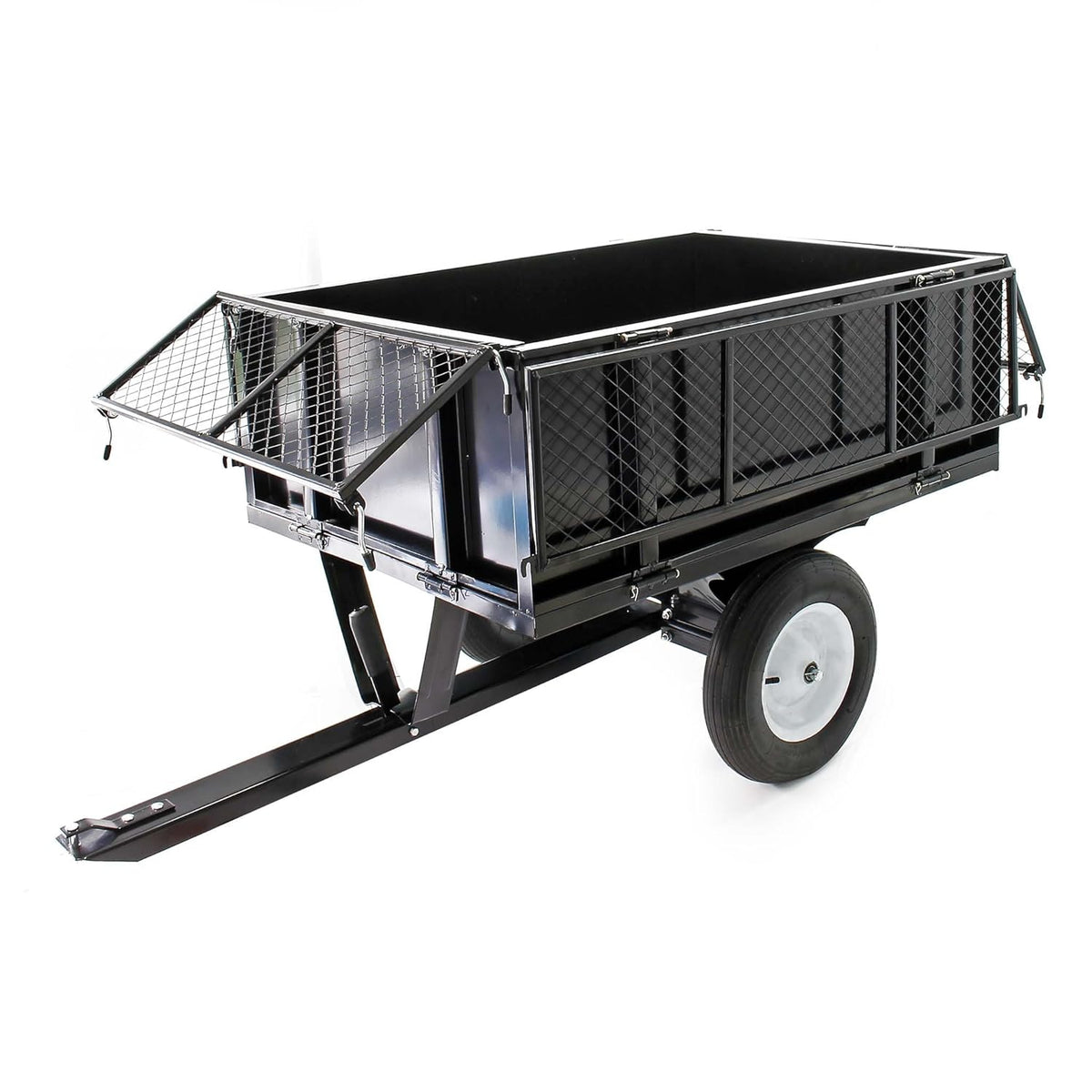 Remolque basculante Wiltec 166,5 x 77,5 x 106 cm 300 kg, remolque volquete para tractor cortacésped con rejilla y laterales extraíbles, remolque con función de basculamiento