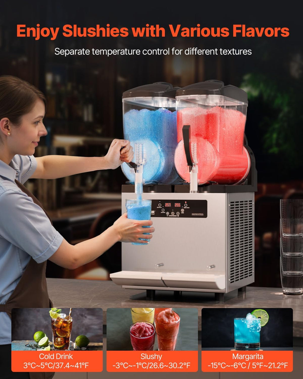 Máquina comercial de granizados VEVOR, máquina de doble depósito de 12 L x 2 para bebidas congeladas, máquina de granizados de acero inoxidable de 96 tazas con panel de botones, máquina de helado suave para fiestas, restaurantes, cafeterías y bares