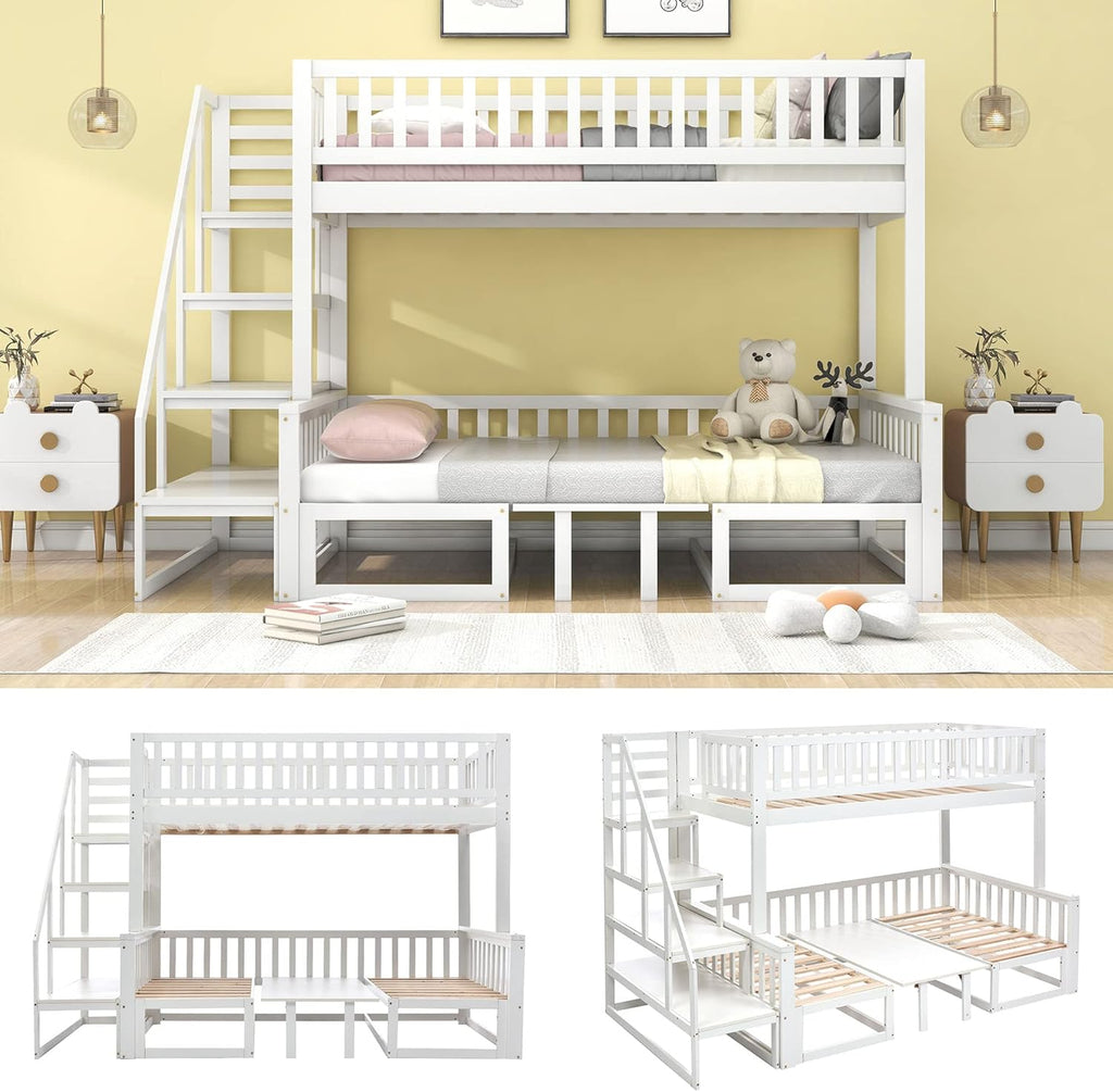 Litera infantil que ahorra espacio, cama alta con escritorio flexible y sofá de madera, cama para niños con escalera y protección anticaídas, 90x200cm + 120x200cm, cama funcional tipo litera, cama alta juvenil, blanco