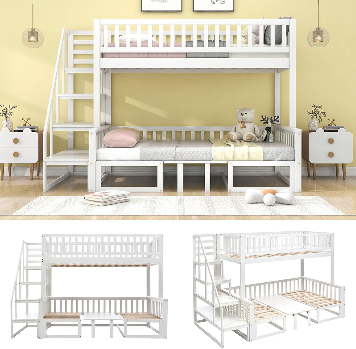 Litera infantil que ahorra espacio, cama alta con escritorio flexible y sofá de madera, cama para niños con escalera y protección anticaídas, 90x200cm + 120x200cm, cama funcional tipo litera, cama alta juvenil, blanco
