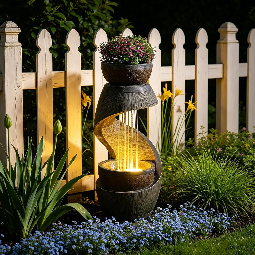 Fuente de jardín Bumilgar, fuente ornamental, fuente de interior, fuente con luz LED, cascada, juego de agua para jardín, balcón, terraza, 82 cm
