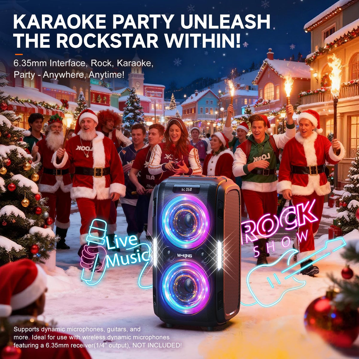 Altavoz Bluetooth W-KING 270W Peak Partybox 125dB, 12 bajos, 2 woofers de 16,5 cm, super graves, entrada de micrófono y guitarra, USB, AUX, batería.