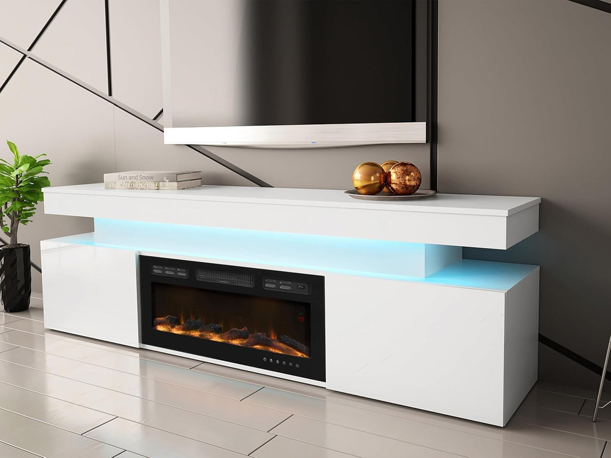 Mueble para TV Mirjan24 Serkuzo EF 2D con chimenea eléctrica, práctico mueble de televisión, soporte para TV con apertura sin tiradores, llama LED realista (blanco/blanco brillante)