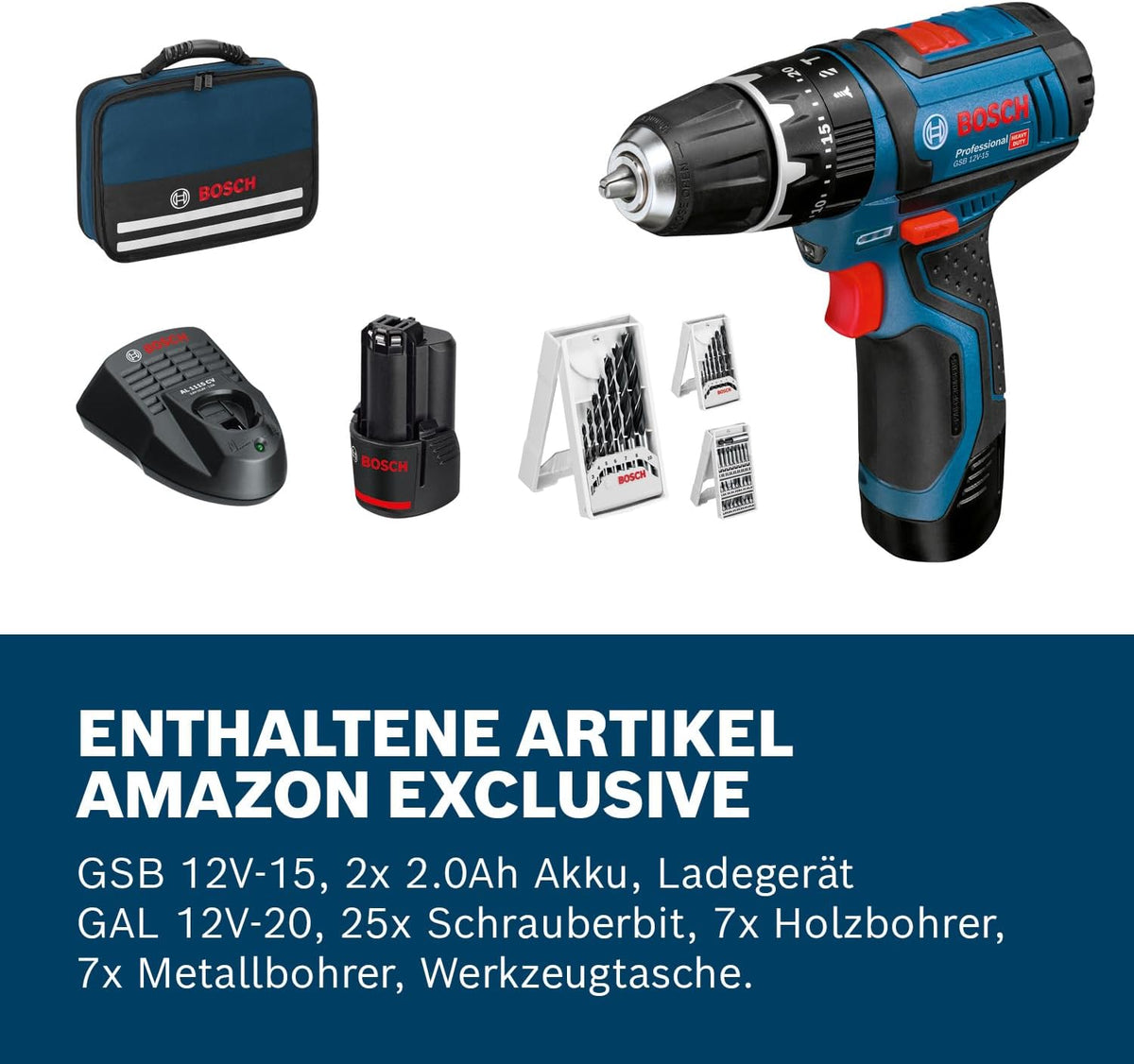 Taladro percutor a batería Bosch Professional 12V System GSB 12V-15 (Ø de perforación en madera máx.: 19 mm, incl. 2 baterías de 2.0Ah + cargador, 2 juegos de brocas, 1 juego de puntas, bolsa de herramientas) - Exclusivo de Amazon