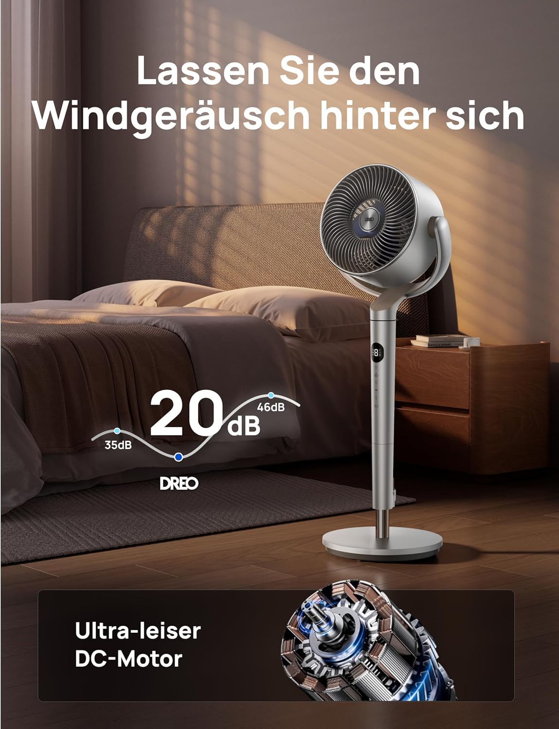 Ventilador de pie inteligente Dreo con luz RGB, oscilación de 120° + 120° con control remoto, ventilador de suelo silencioso de 20 dB para dormitorio, temporizador de 8 horas, plateado