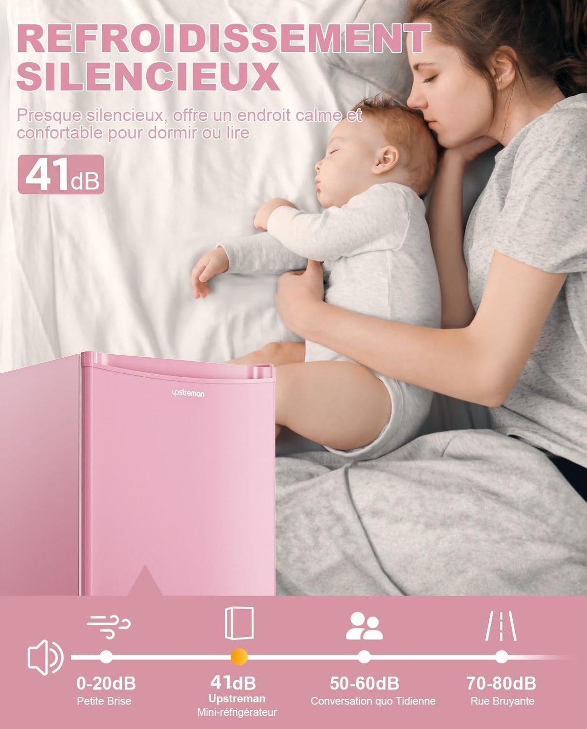 Mininevera Upstreman de 91 L con congelador, termostato ajustable, refrigerador para dormitorio, mininevera para oficina, rosa - BR321