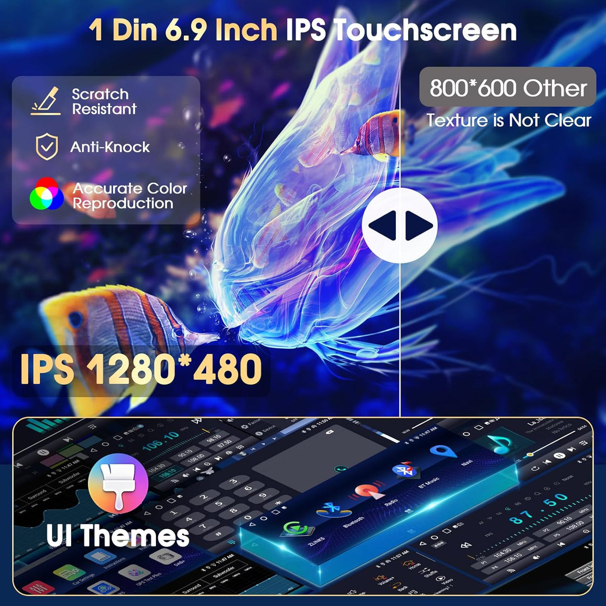 Autoradio Android 15 Motorsi con Apple CarPlay, pantalla táctil IPS de 6.9 pulgadas 1280P, 1 DIN, 4 núcleos, 2+64 GB, Bluetooth, GPS, DSP, Android Auto, WiFi, radio FM/RDS, cámara de reversa AHD y micrófono.