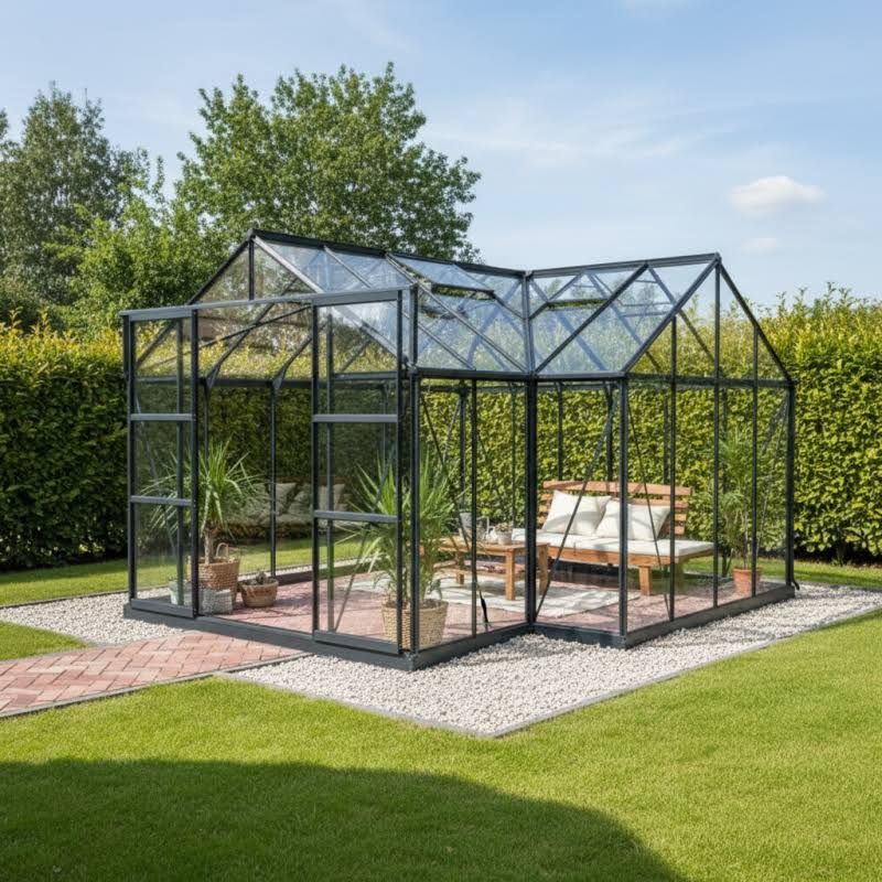 Invernadero de jardín Orangerie B 12m² antracita de vidrio templado 4mm + base Green Protect